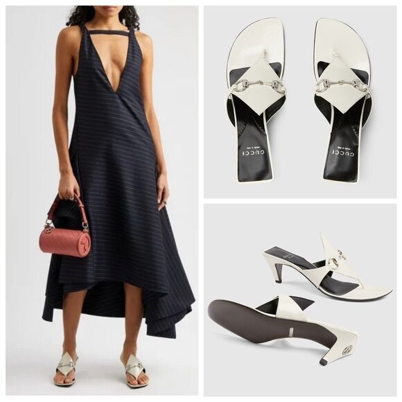 Gucci Mariame 55mm Horsebit White Leather Thong Heel Sandals Size 37/ 7 NIB $890 - Picture 4 of 12